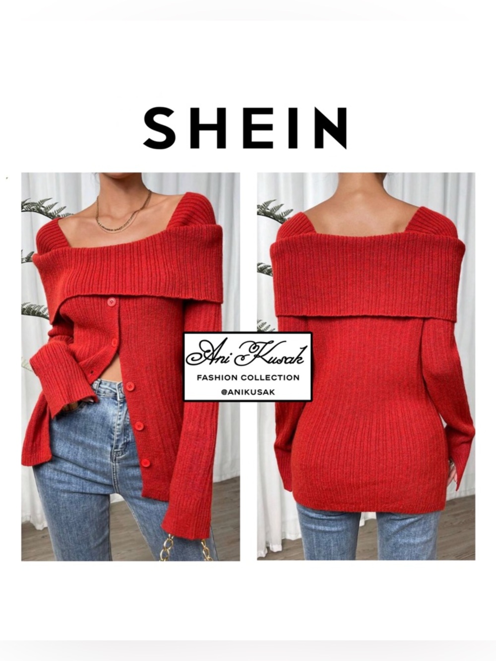 SHEIN Foldover Shoulder Button Front Ribbed Knit Sweater